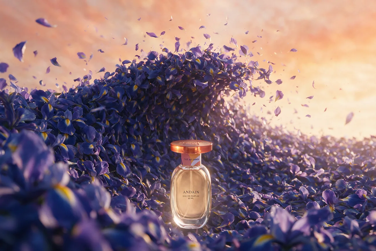 A cresting wave of iris petals rising behind the bottle.