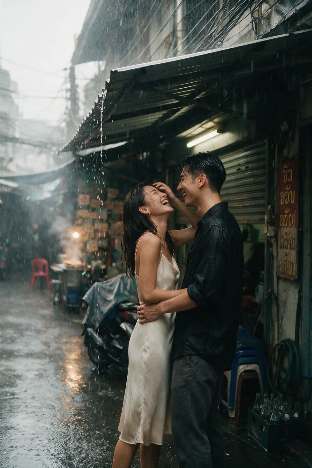 Laughing in a narrow soi during a downpour.