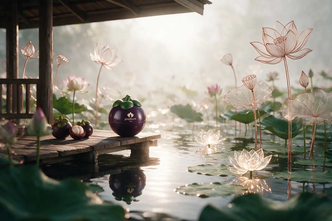 The inhaler on a wooden landing over a lotus pond at first light.