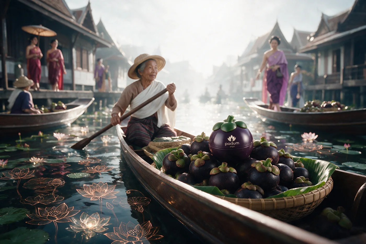 A floating market at dawn, the basket of fruit and the inhaler in the boat.