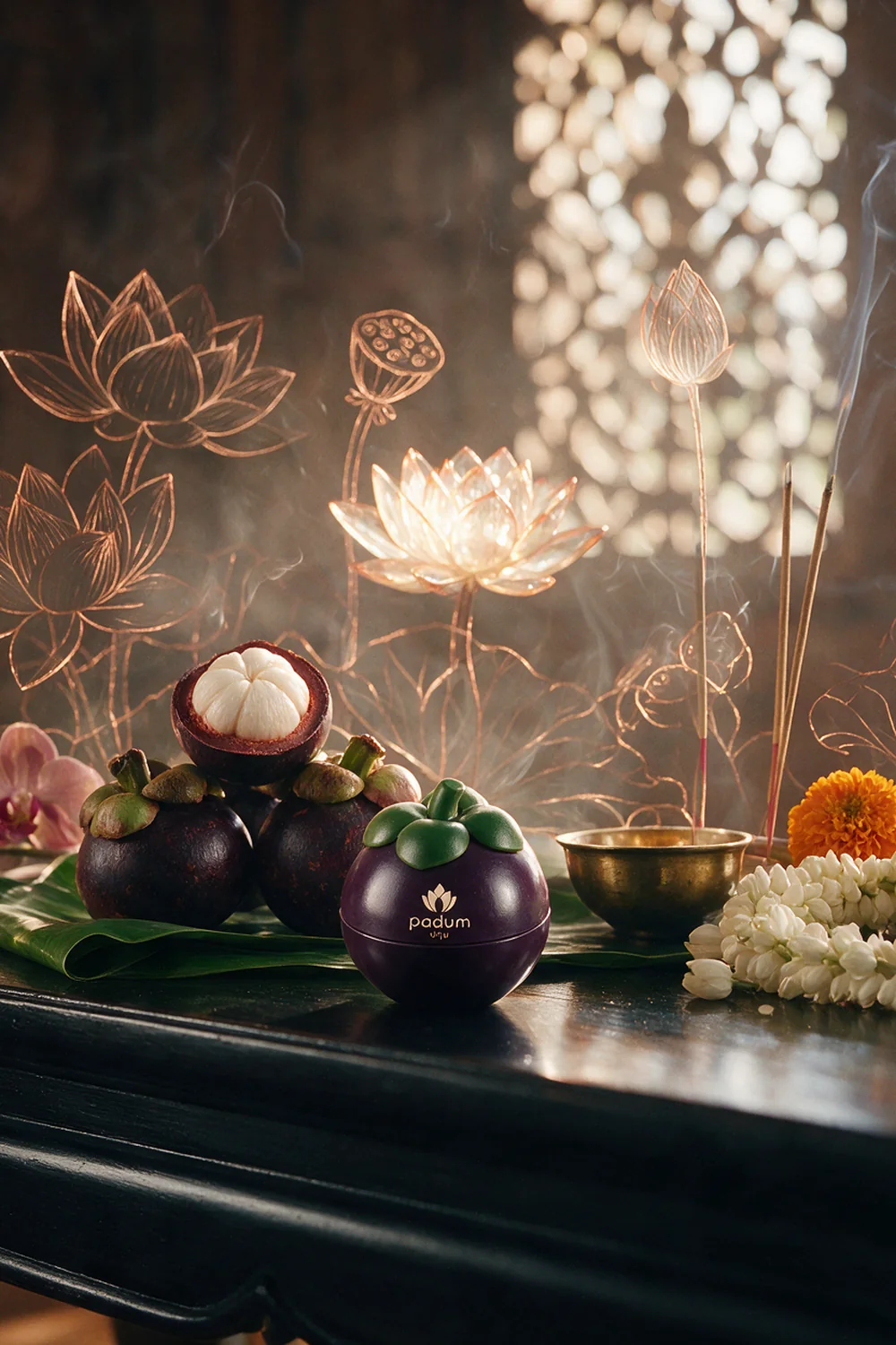 An offering table, incense and marigolds, the inhaler among them under copper lotus line-work.