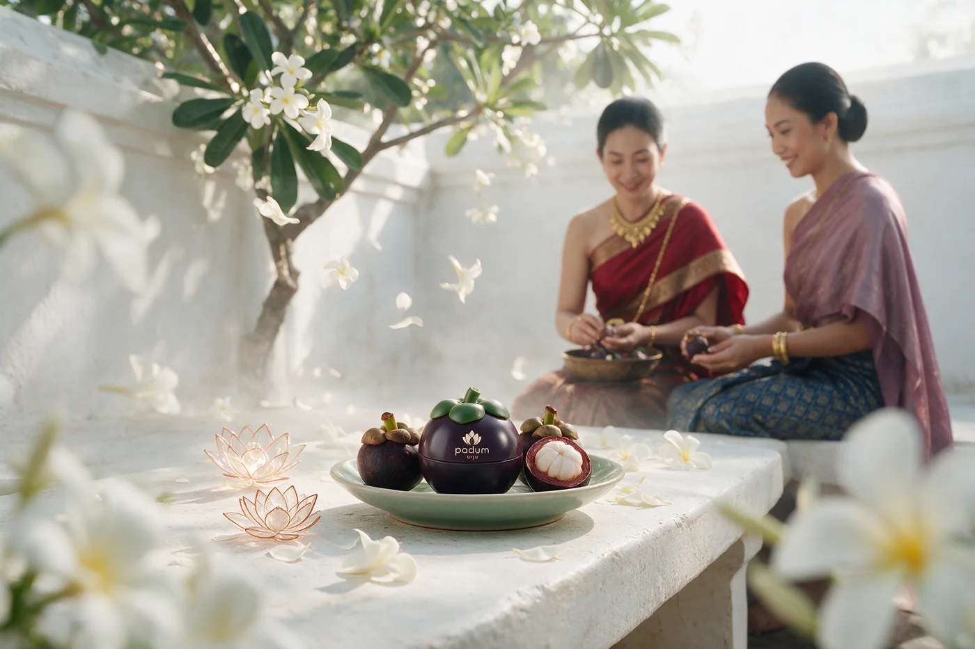 Two women in Thai dress beside a white wall, the inhaler on a plate.