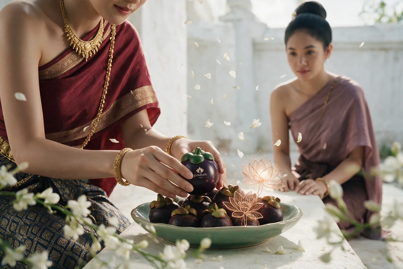 Hands setting the inhaler among split mangosteens.