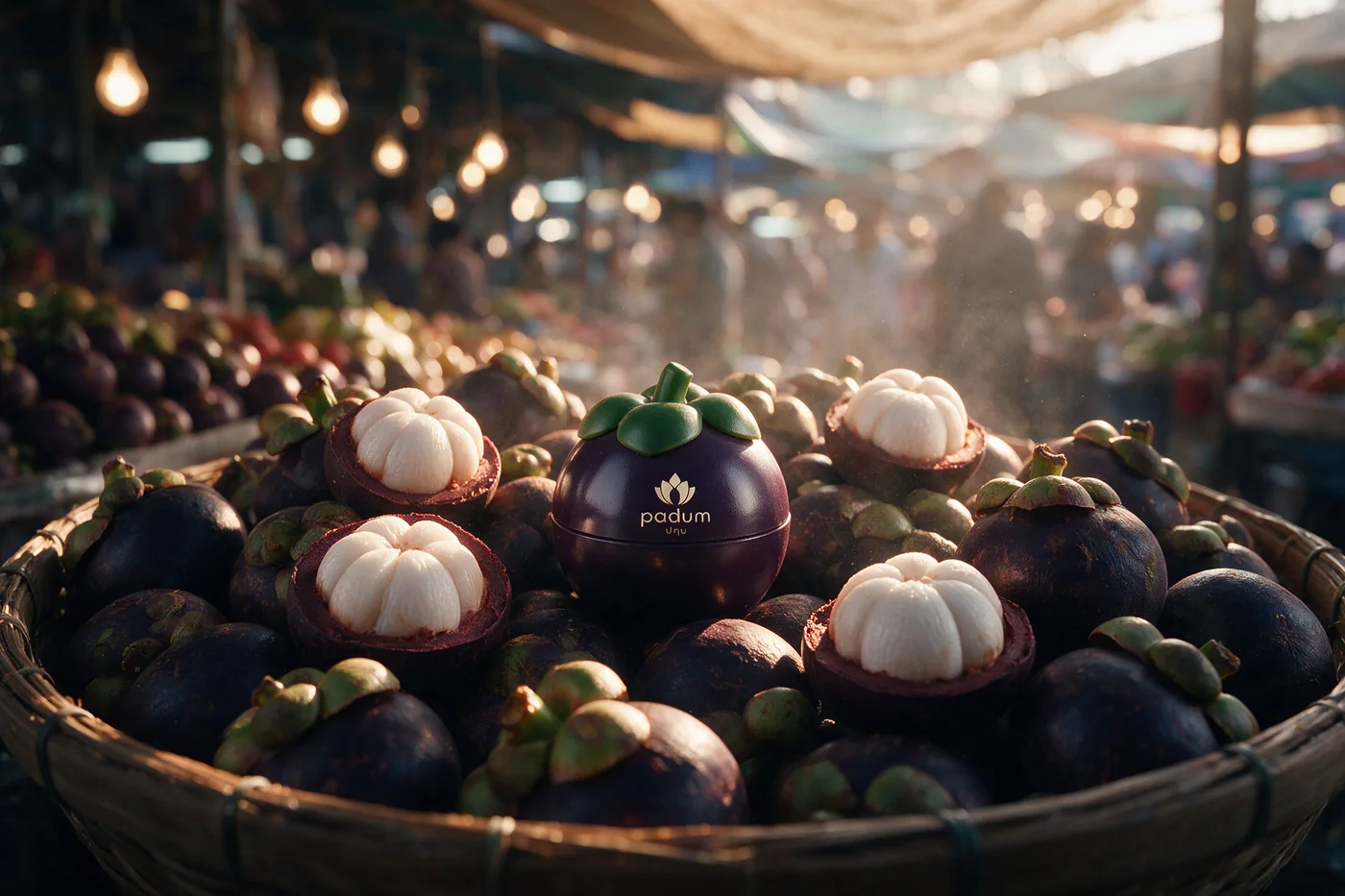 The inhaler sitting in a market basket of mangosteens.