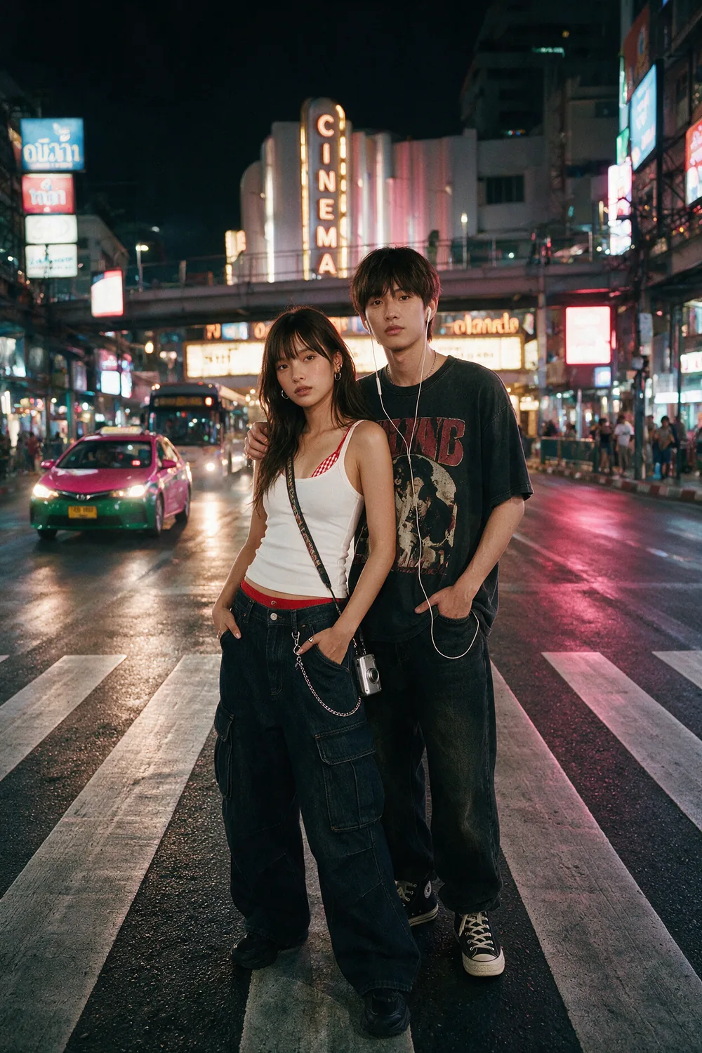 On the avenue, traffic and signage stacked behind them.