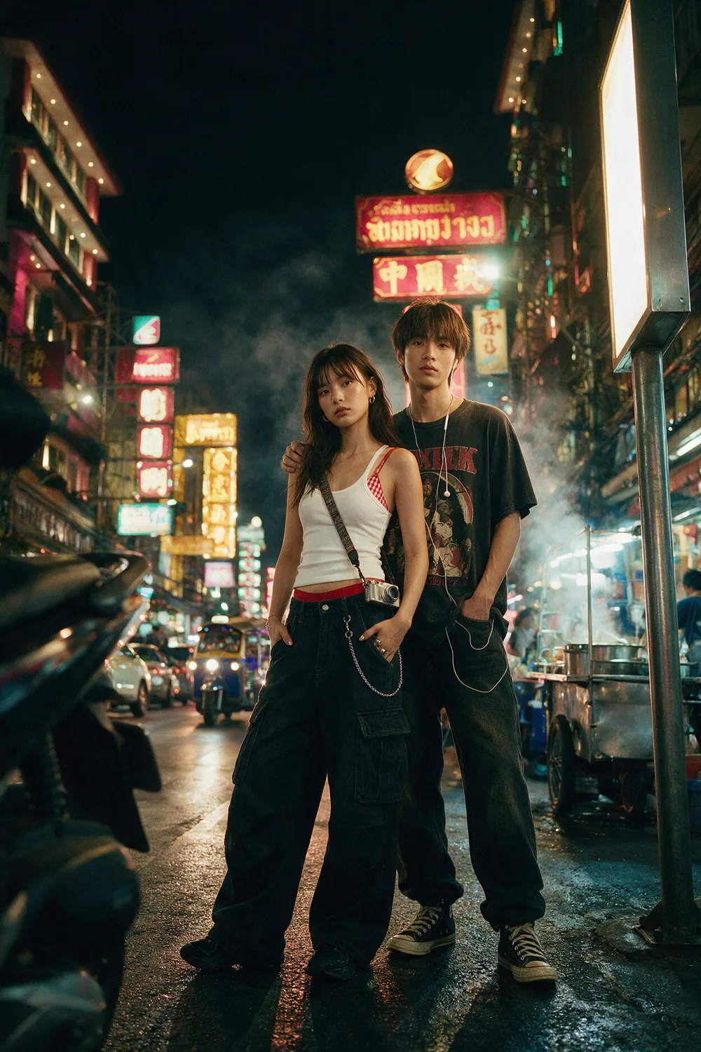 A couple on a Yaowarat avenue at night, under the neon signs.