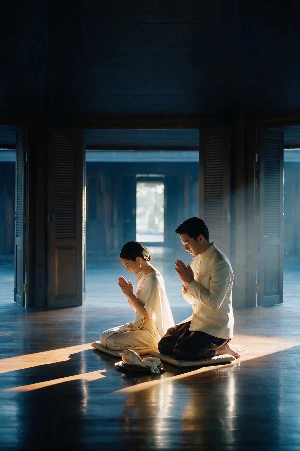 A morning rite, both kneeling in a shaft of light.