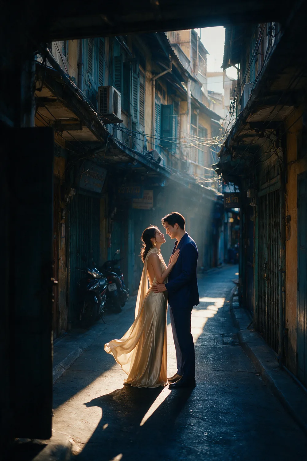 A shaft of light falling across a narrow Bangkok soi.